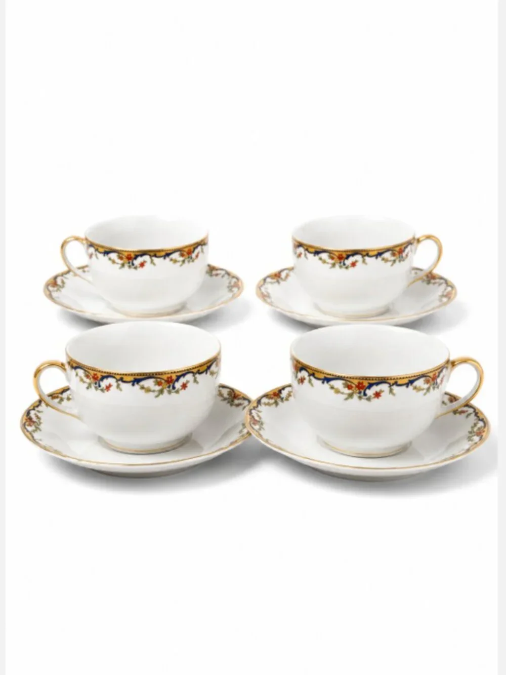 Set of 4 Limoges France Vignaud Tea Cups & Saucers Floral Gold Trim China